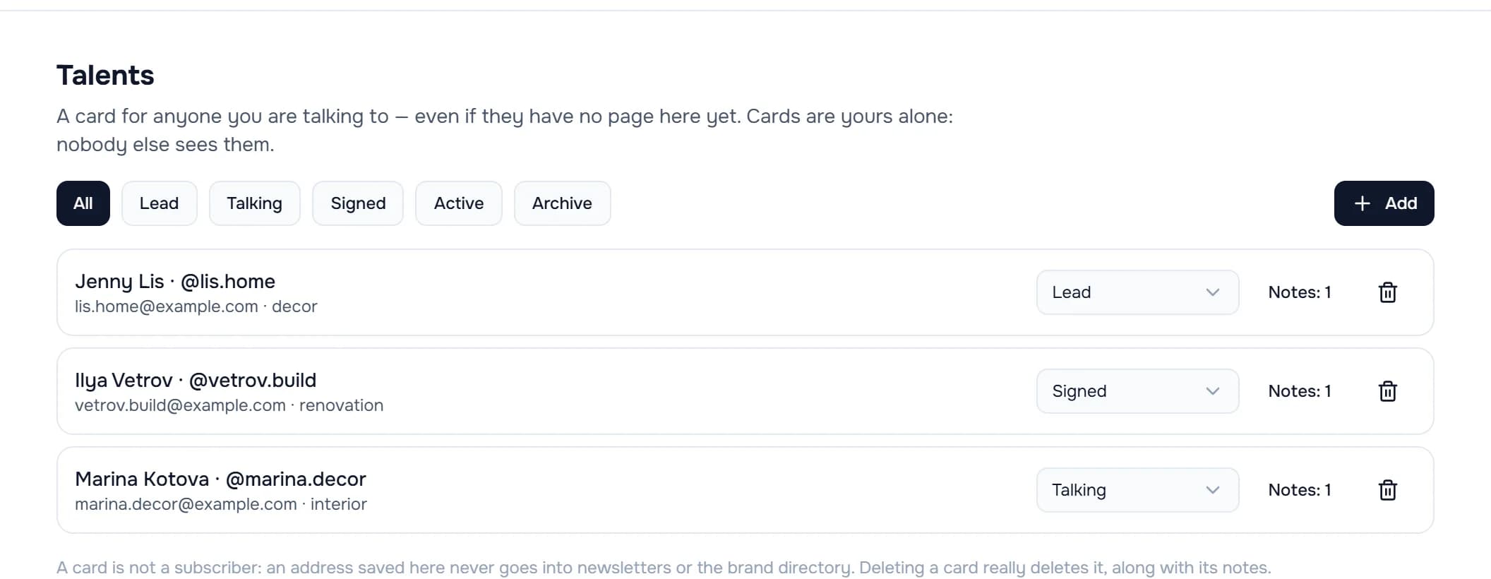 Agency talent cards with negotiation stages