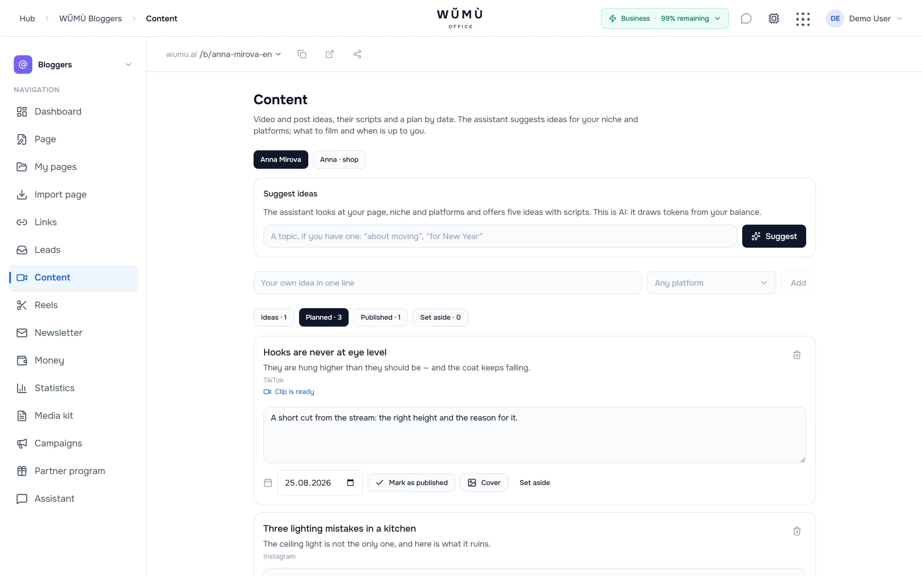 Content plan: ideas, scripts and dates
