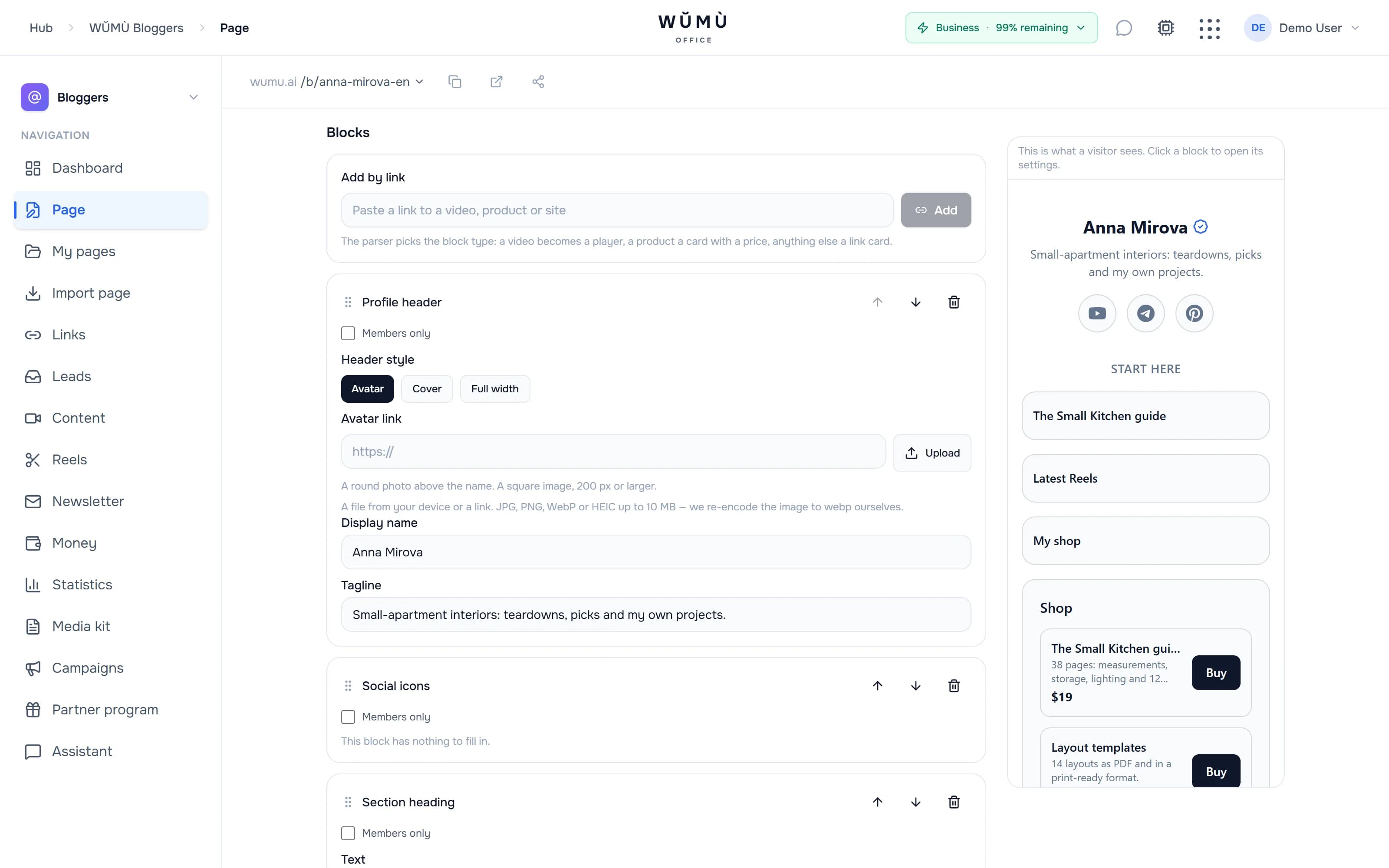 Page builder: blocks, links, shop and booking
