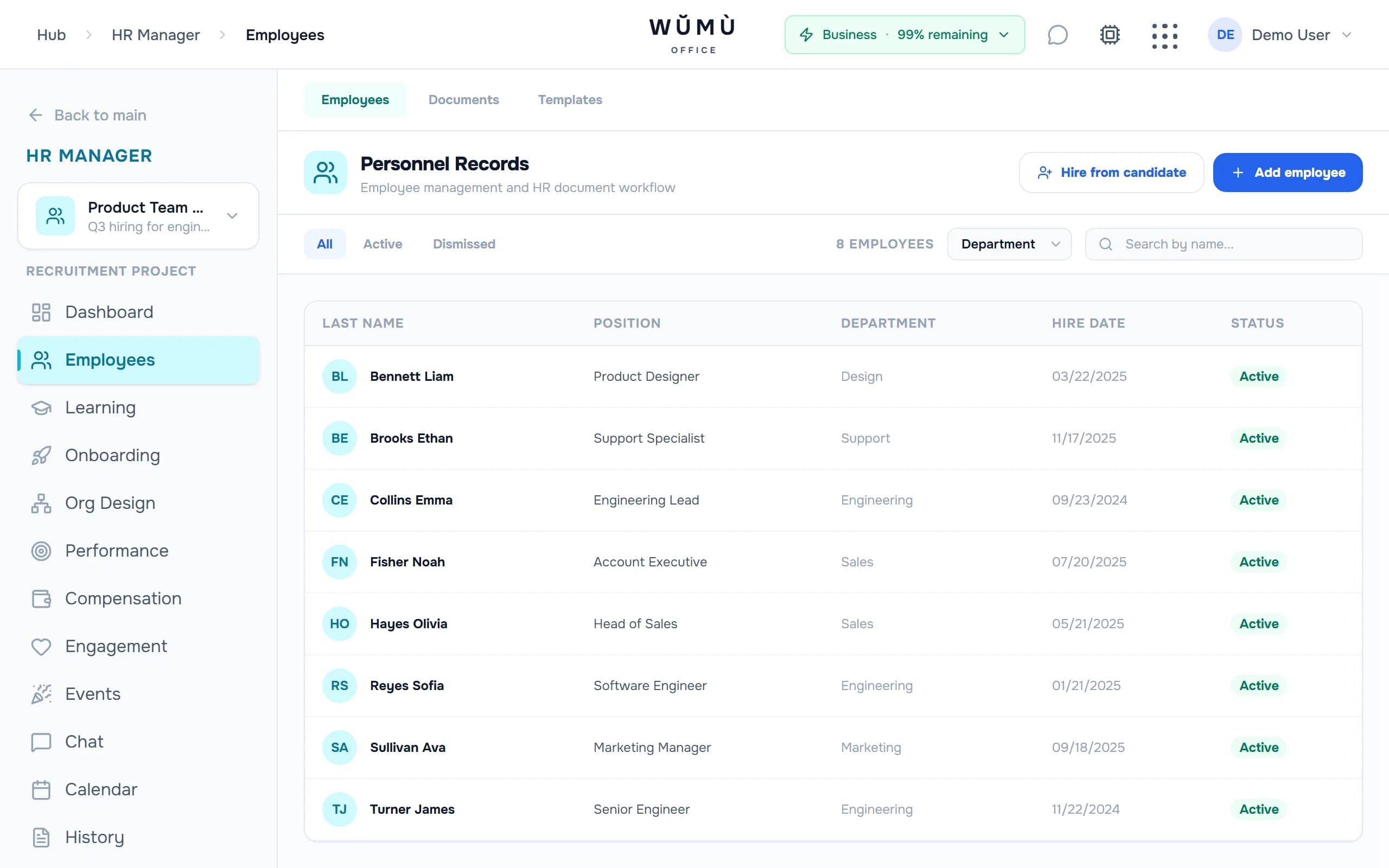 Company employees in the WŬMÙ HR platform: roster with roles and departments