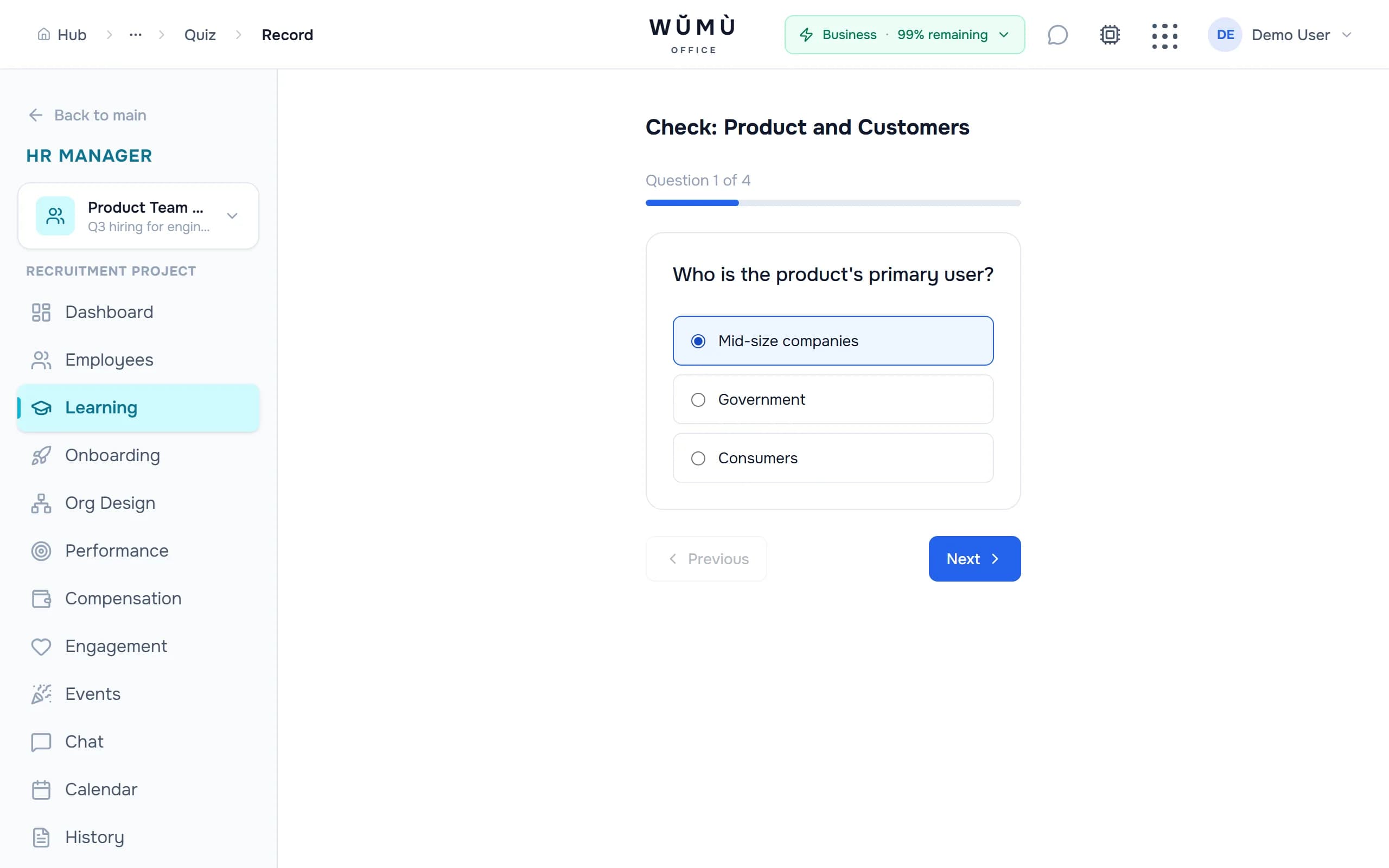 A training course with a quiz in WŬMÙ HR