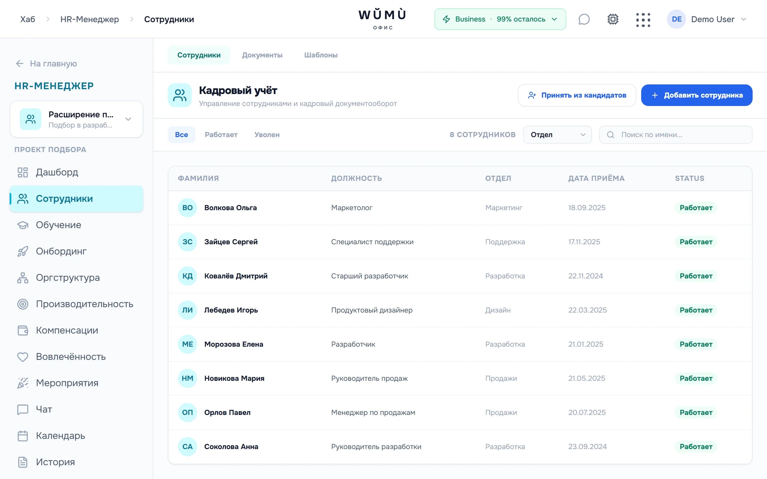 Сотрудники компании в HR-платформе WŬMÙ: список с должностями и отделами