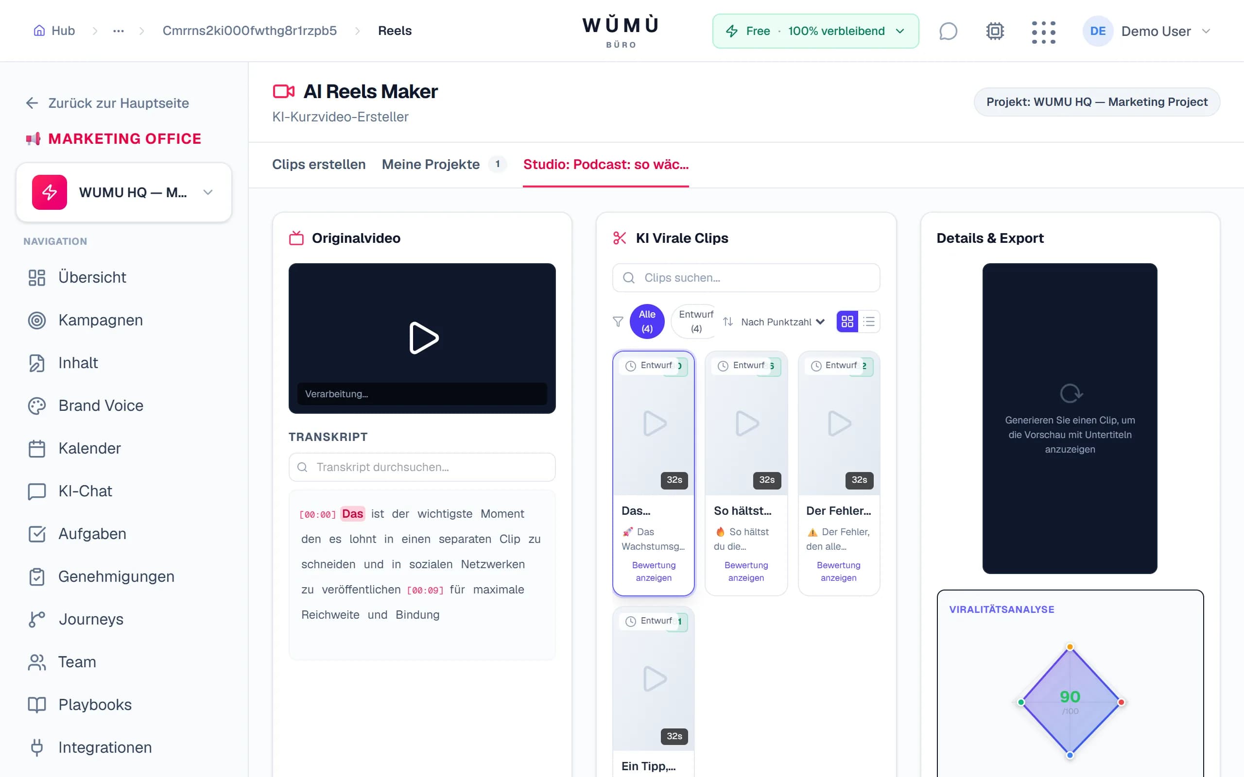 AI Reels Maker Studio: hervorgehobenes Transkript, Galerie viraler Clips und Viralitäts-Analyse
