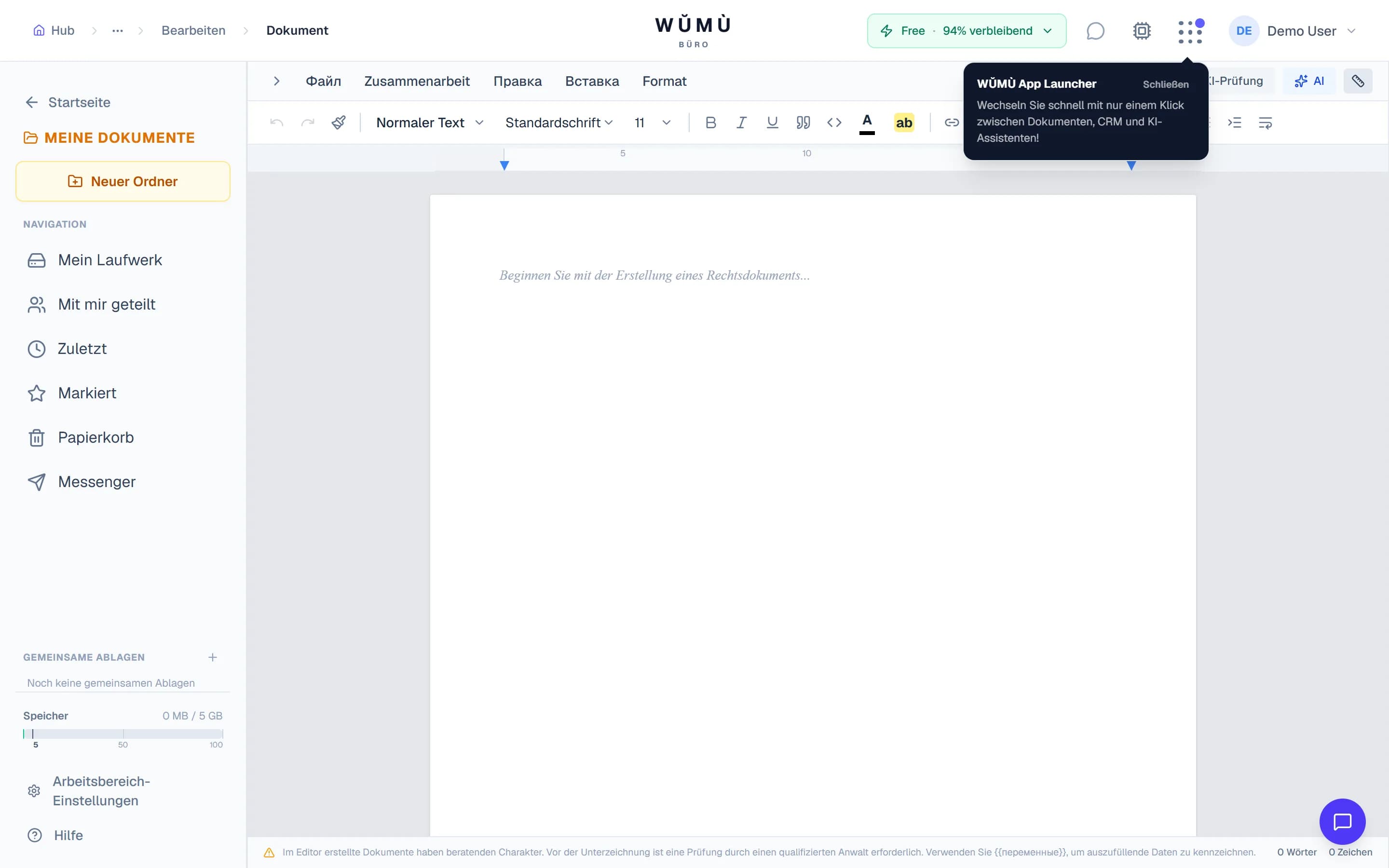 WŬMÙ Texteditor: ein A4-Dokument mit Formatierungsleiste