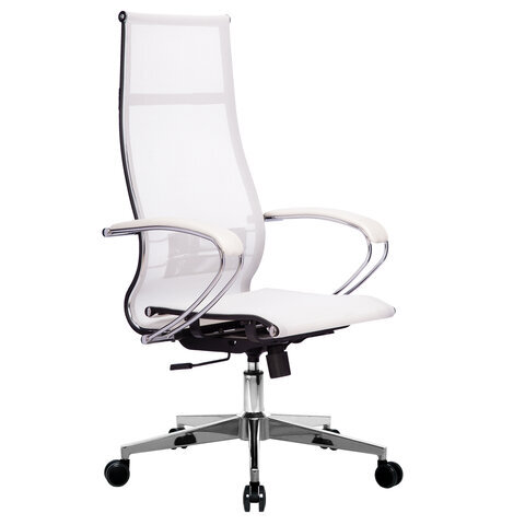 Кресло офисное МЕТТА "К-7" хром, прочная сетка, сиденье и спинка регулируемые, белое