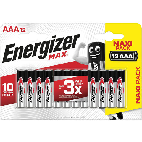 Батарейки КОМПЛЕКТ 12 шт,ENERGIZER Max, AAA(LR03,24А), алкалиновые,мизинчиковые, блис, E301530401