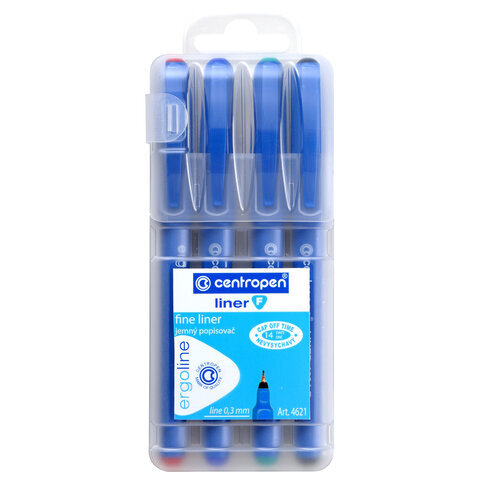 Ручки капиллярные (линеры) 4 ЦВЕТА CENTROPEN "Liner", корпус синий, линия 0,3мм, 4621/4, 2 4621 0401