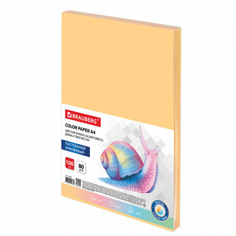 Бумага цветная BRAUBERG, А4, 80г/м, 100 л, пастель, оранжевая, для офисной техники, 112448