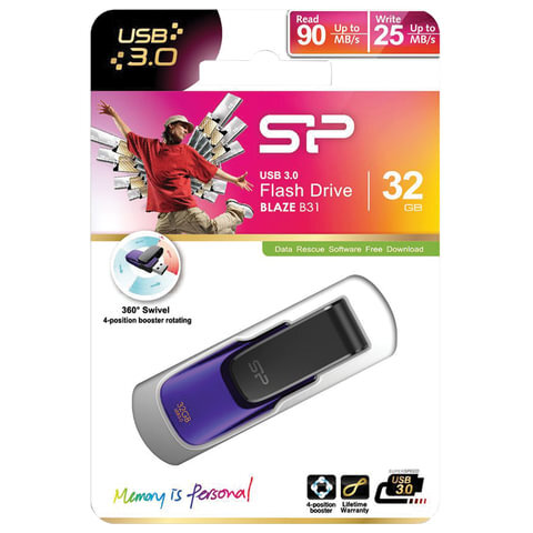 Флеш-диск 32 GB SILICON POWER Blaze B31 USB 3.1, фиолетовый, SP32GBUF3B31V1U