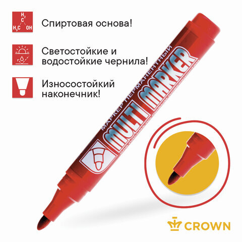 Маркер перманентный (нестираемый) CROWN "Multi Marker", КРАСНЫЙ, круглый наконечник, 3 мм, CPM-800