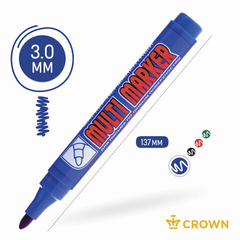 Маркер перманентный (нестираемый) CROWN "Multi Marker", СИНИЙ, круглый наконечник, 3 мм, CPM-800