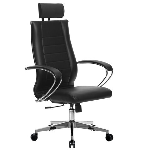 Кресло офисное МЕТТА "К-33" хром, кожа, подголовник, сиденье и спинка мягкие, черное