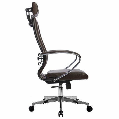 Кресло офисное МЕТТА "К-33" хром, кожа, подголовник, сиденье и спинка мягкие, темно-коричневое
