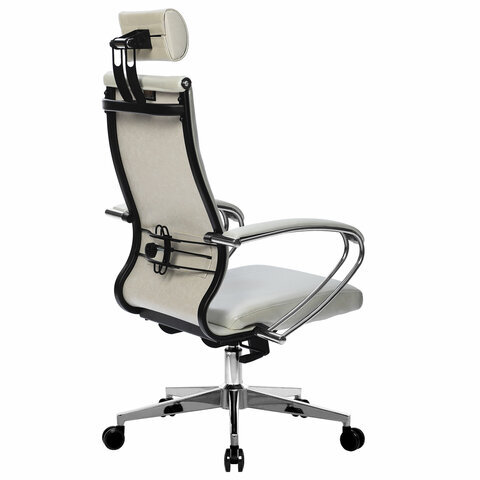 Кресло офисное МЕТТА "К-34" хром, кожа, подголовник, сиденье и спинка мягкие, белое