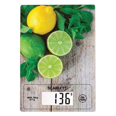 Весы кухонные SCARLETT SC-KS57P21 "Лимоны", электронный дисплей, max вес 10 кг, тарокомпенсация,стекло