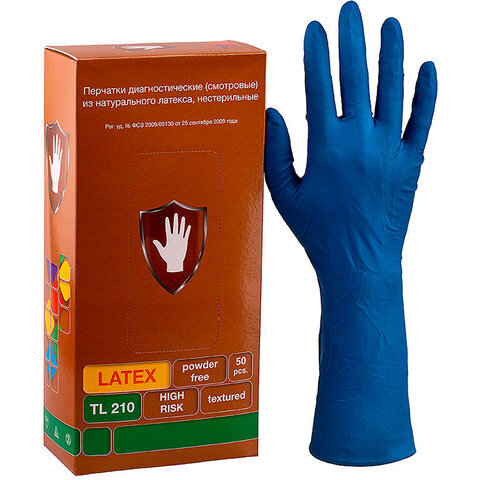 Перчатки латексные смотровые КОМПЛЕКТ 25пар(50шт), XL(оч. большой), синие, SAFE&CARE High Risk TL210, ТL 210