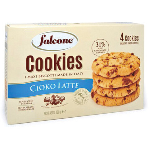 Печенье сахарное FALCONE Cookies с молочным шоколадом, 200 г, картонная упаковка, ш/к, MC-00013546