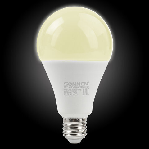 Лампа светодиодная SONNEN, 20 (150) Вт, цоколь Е27, груша, теплый белый, 30000 ч, LED A80-20W-2700-E27, 454921