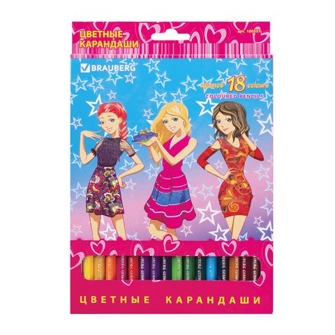 Карандаши цветные BRAUBERG "Pretty Girls", 18 цветов, заточенные, картонная упаковка, 180557