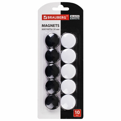 Магниты BRAUBERG BLACK&WHITE УСИЛЕННЫЕ 30 мм, НАБОР 10 шт, черные/белые, 237468