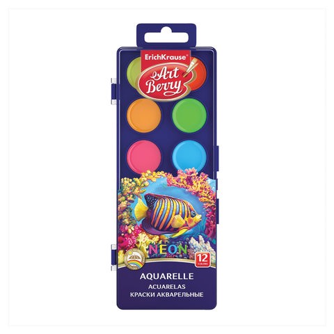 Краски акварельные ERICH KRAUSE Artberry "Neon", 12 цветов, без кисти, пластиковая коробка, 41727