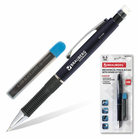 Набор BRAUBERG "Modern": механический карандаш, корпус синий + грифели НВ, 0,5 мм, 12 штук, блистер, 180335