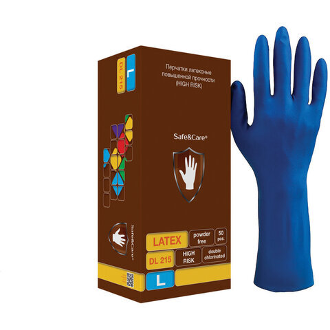 Перчатки латексные смотровые КОМПЛЕКТ 25пар(50шт), L (большой), синие, SAFE&CARE High Risk DL 215