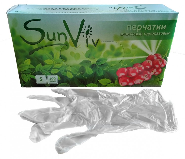 Перчатки SunViv смотровые виниловые нестерильные одноразовые S 100 шт