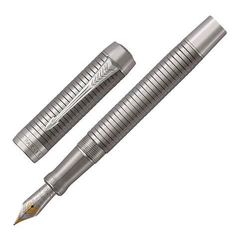 Ручка перьевая PARKER "Duofold Prestige Ruthenium Chiselled CT", перо F, корпус серебристый, черная, 1931333