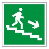Знак эвакуационный "Направление к эвакуационному выходу по лестнице НАПРАВО вниз", квадрат 200х200 мм, самоклейка, 610018/Е 13