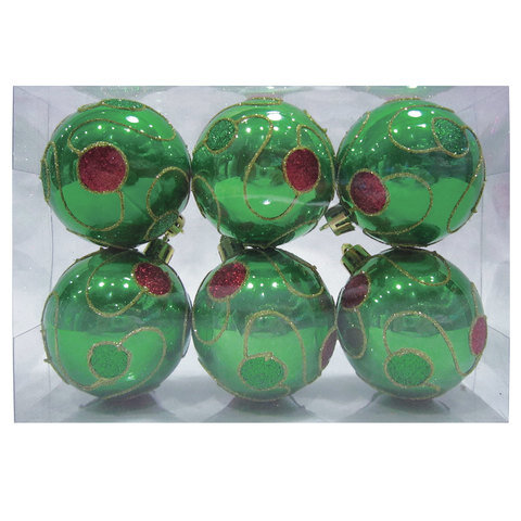 Шары елочные, НАБОР 6 шт., пластик, диаметр 6 см, с рисунком, цвет зеленый (глянец), 59586
