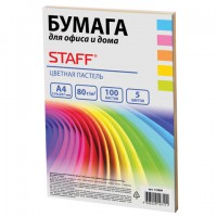 Бумага цветная STAFF COLOR, А4, 80 г/м2, 100 л. (5 цв. х 20 л.), пастель, для офиса и дома, 110889
