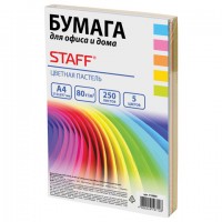 Бумага цветная STAFF COLOR, А4, 80 г/м2, 250 л. (5 цв. х 50 л.), пастель, для офиса и дома, 110890